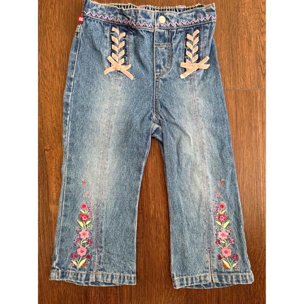 Bongo Toddler Girls Floral Embroidered Lace Up Denim Jeans Blue 24M